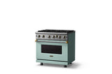 36"W. Open Burner Gas Range (Finish: Splash, Trim: Brushed Brass, Fuel: Natural Gas)