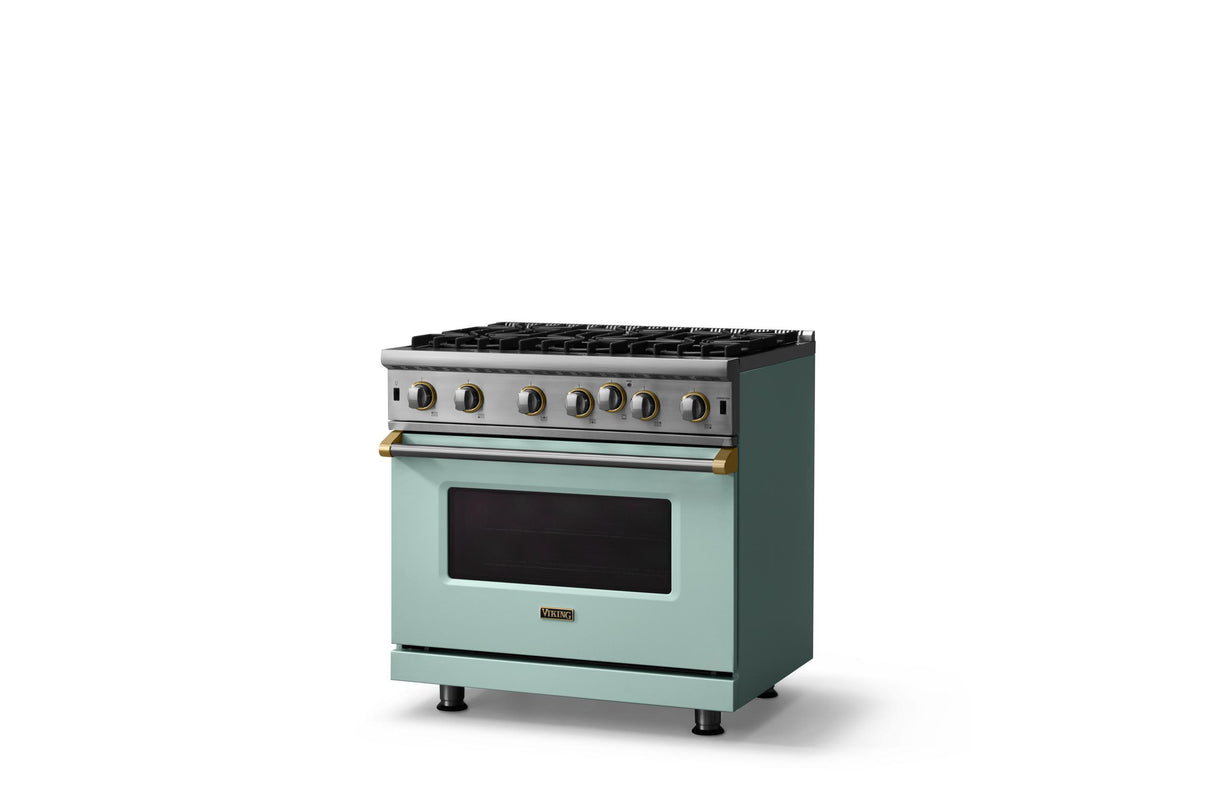 36"W. Open Burner Gas Range (Finish: Splash, Trim: Brushed Brass, Fuel: Propane)