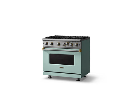 36"W. Open Burner Gas Range (Finish: Splash, Trim: Brushed Brass, Fuel: Propane)