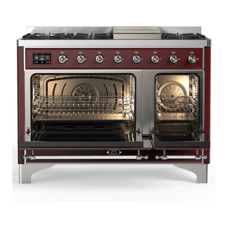 ILVE UM48FQNR3BUCLP Majestic III 48 inch Dual Fuel Range with 8 Burners and Griddle, Dual Function Burner up to 25,000 BTU (Liquid Propane, Solid Door, Burgundy, Chrome)