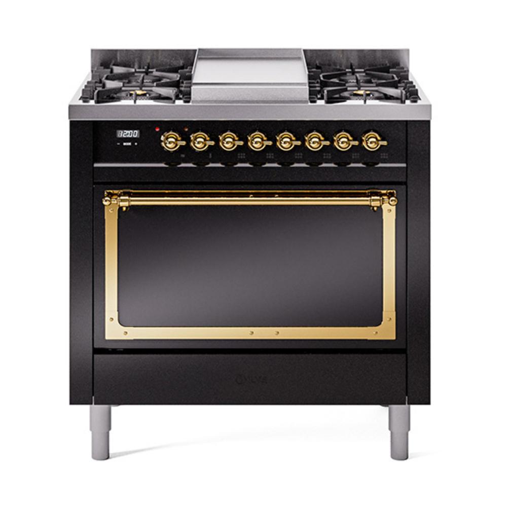 ILVE UN36FQNMPBKG Nostalgie II Noblesse 36 inch Dual Fuel Range (Natural Gas, Solid Door, Glossy Black, Brass)