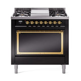 ILVE UN36FQNMPBKG Nostalgie II Noblesse 36 inch Dual Fuel Range (Natural Gas, Solid Door, Glossy Black, Brass)