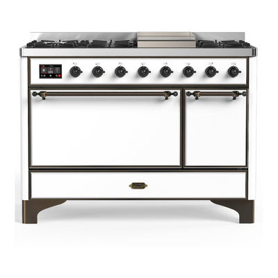 ILVE UM48FQNR3WHBLP Majestic III 48 inch Dual Fuel Range with 8 Burners and Griddle, Dual Function Burner up to 25,000 BTU (Liquid Propane, Solid Door, White, Burnished)