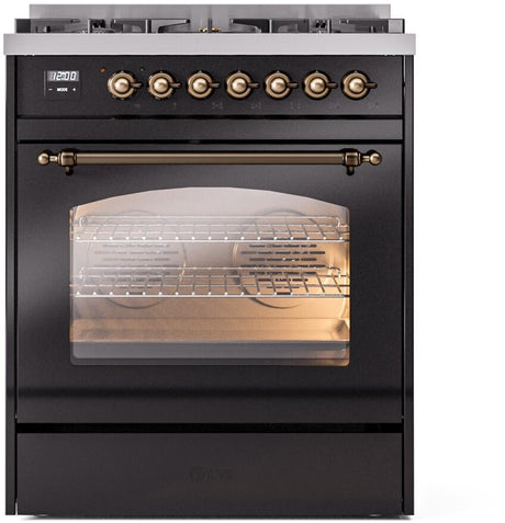 Nostalgie II 30 Inch Dual Fuel Natural Gas Freestanding Range in Glossy Black with Bronze Trim