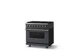 36"W. Dual Fuel Range (Burner: 6b, Finish: Cast Black, Trim: Polished Chrome, Fuel: Propane)