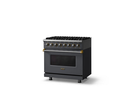 36"W. Dual Fuel Range (Burner: 6b, Finish: Cast Black, Trim: Polished Chrome, Fuel: Propane)