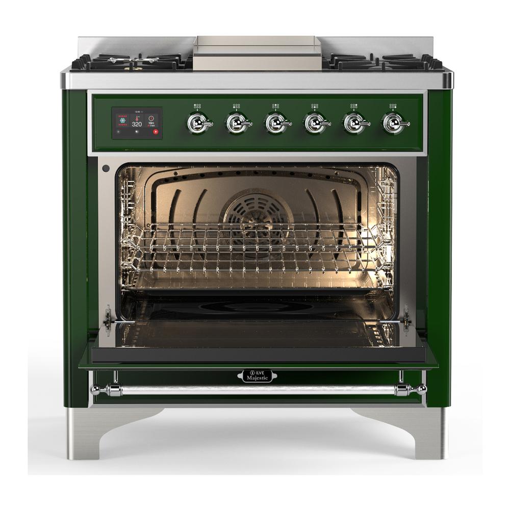 ILVE UM36FNR3EGCLP Majestic III 36 inch Dual Fuel Range with 6 Black Brass Burners and Griddle, Dual Function Burner up to 25,000 BTU (Triple Glass Door, Emerald Green, Chrome, Liquid Propane)