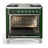 ILVE UM36FNR3EGCLP Majestic III 36 inch Dual Fuel Range with 6 Black Brass Burners and Griddle, Dual Function Burner up to 25,000 BTU (Triple Glass Door, Emerald Green, Chrome, Liquid Propane)