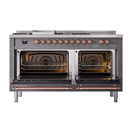 ILVE UN60FSQNMPMGP Nostalgie II Noblesse 60 inch Dual Fuel Range (7 Sealed Burners + Griddle + French Top, Natural Gas, Solid Door, Graphite Matte, Copper)