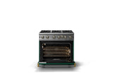 36"W. Open Burner Gas Range (Finish: Ivy, Trim: Brushed Brass, Fuel: Propane)