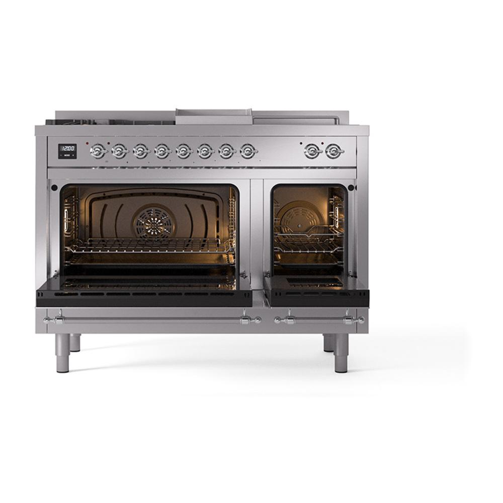 ILVE UN48FSQNMPSSCLP Nostalgie II Noblesse 48 inch Dual Fuel Range (5 Sealed Burners + Griddle + French Top, Liquid Propane, Solid Door, Stainless Steel, Chrome)