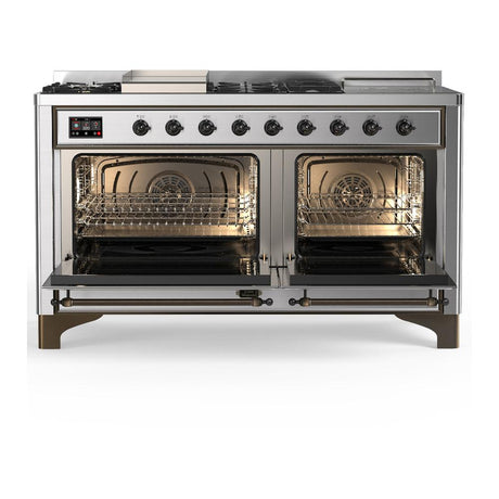 ILVE UM60FSNR3SSB Majestic III 60 inch Dual Fuel Range with 7 Burners, Griddle and French Top, Dual Function Burner with up to 25,000 BTU (Natural Gas, Triple Glass Door, Stainless Steel, Burnished)