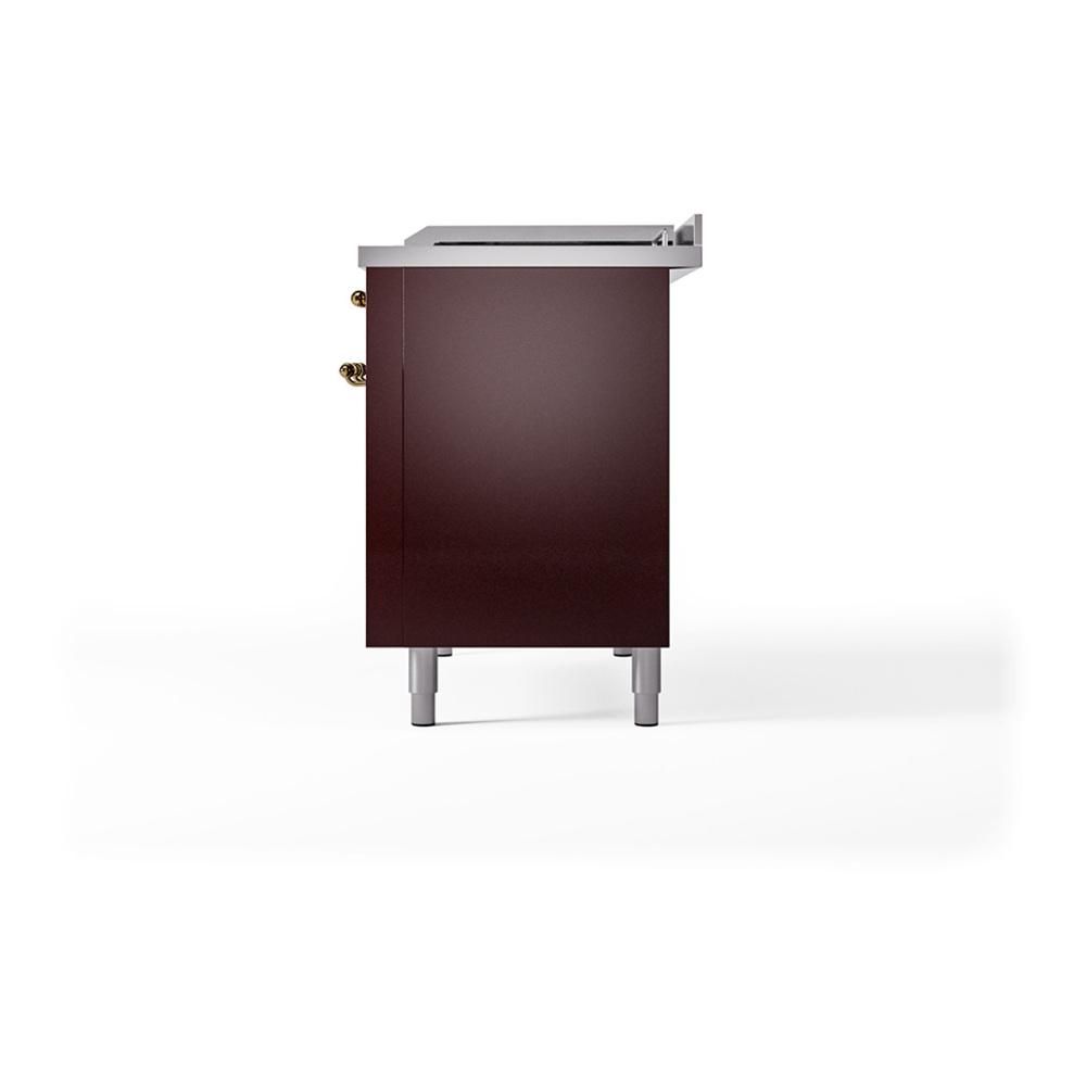 ILVE UN48FSQNMPBUGLP Nostalgie II Noblesse 48 inch Dual Fuel Range (5 Sealed Burners + Griddle + French Top, Liquid Propane, Solid Door, Burgundy, Brass)