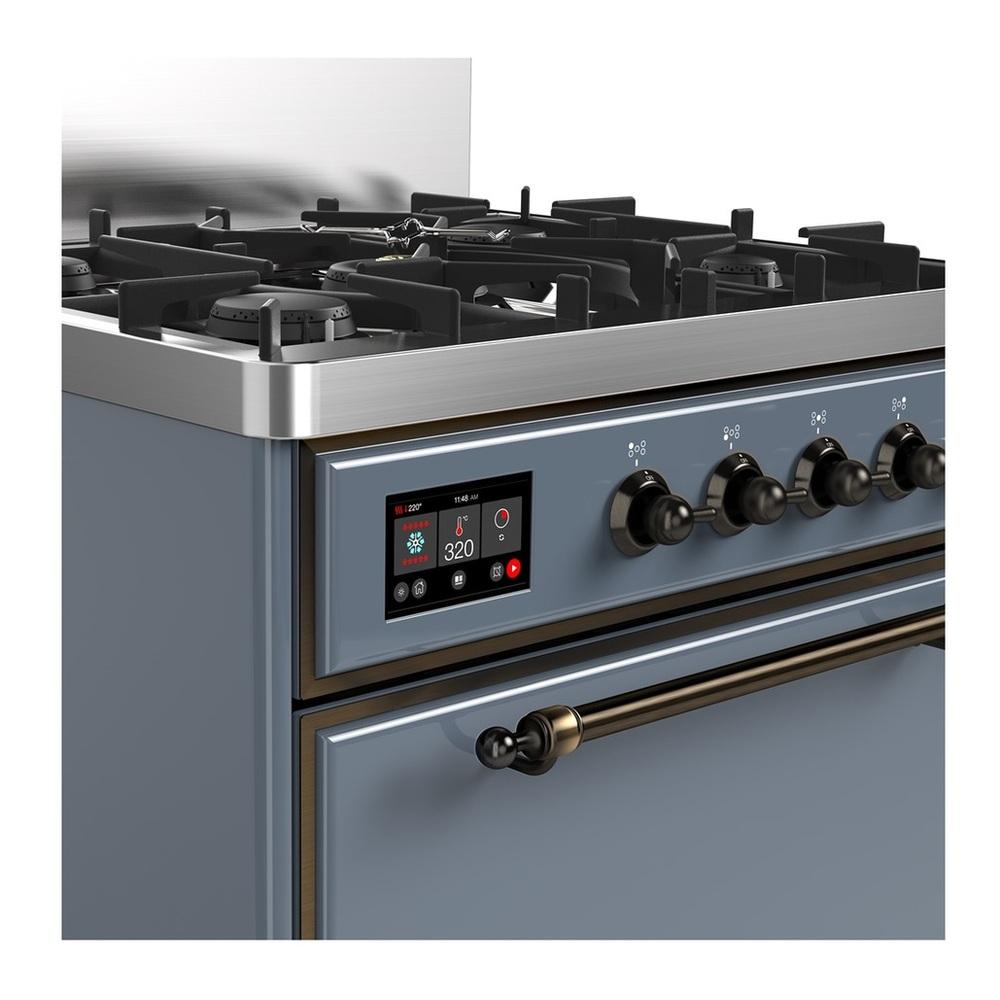 ILVE UM30QNR3BGBLP Majestic III 30 inch Dual Fuel Range with 5 Black Brass Burners, Dual Function Burner up to 25,000 BTU (Liquid Propane, Solid Door, Blue Grey, Burnished)