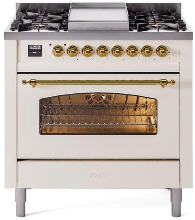 Nostalgie II 36 Inch Dual Fuel Natural Gas Freestanding Range in Antique White with Brass Trim