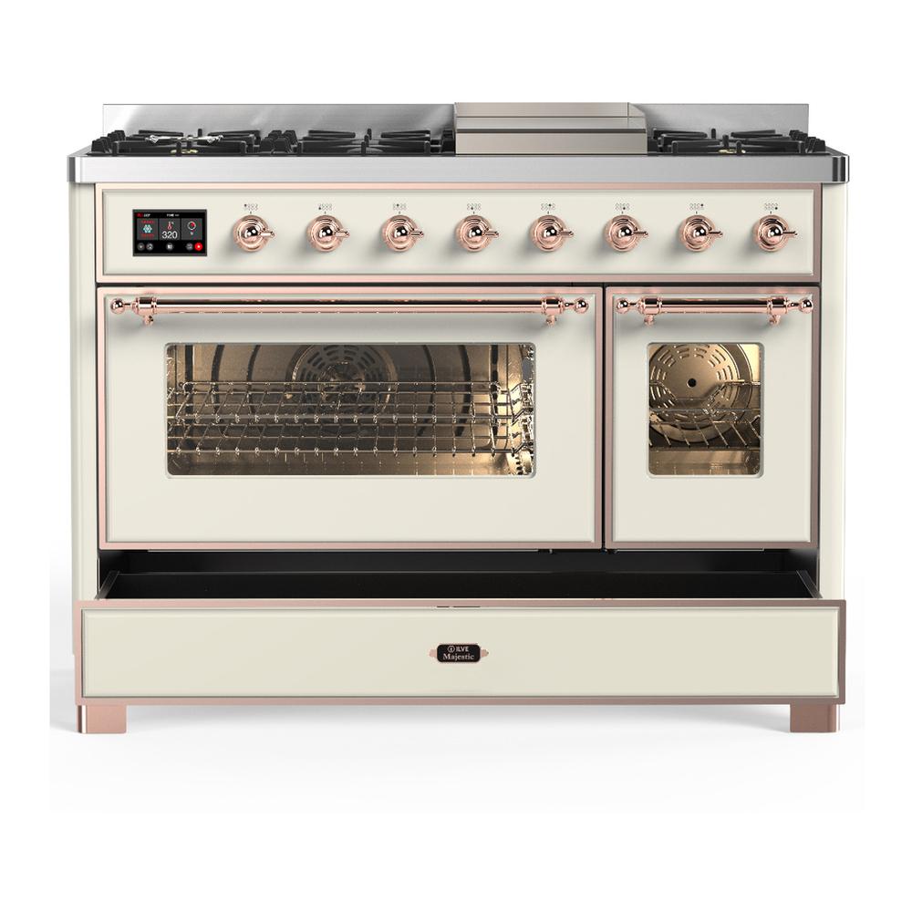 ILVE UM48FNR3AWPLP Majestic III 48 inch Dual Fuel Range with 8 Burners and Griddle, Dual Function Burner up to 25,000 BTU (Liquid Propane, Triple Glass Door, Antique White, Copper)
