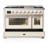 ILVE UM48FNR3AWPLP Majestic III 48 inch Dual Fuel Range with 8 Burners and Griddle, Dual Function Burner up to 25,000 BTU (Liquid Propane, Triple Glass Door, Antique White, Copper)