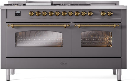 Nostalgie II 60 Inch Dual Fuel Natural Gas Freestanding Range in Matte Graphite with Brass Trim