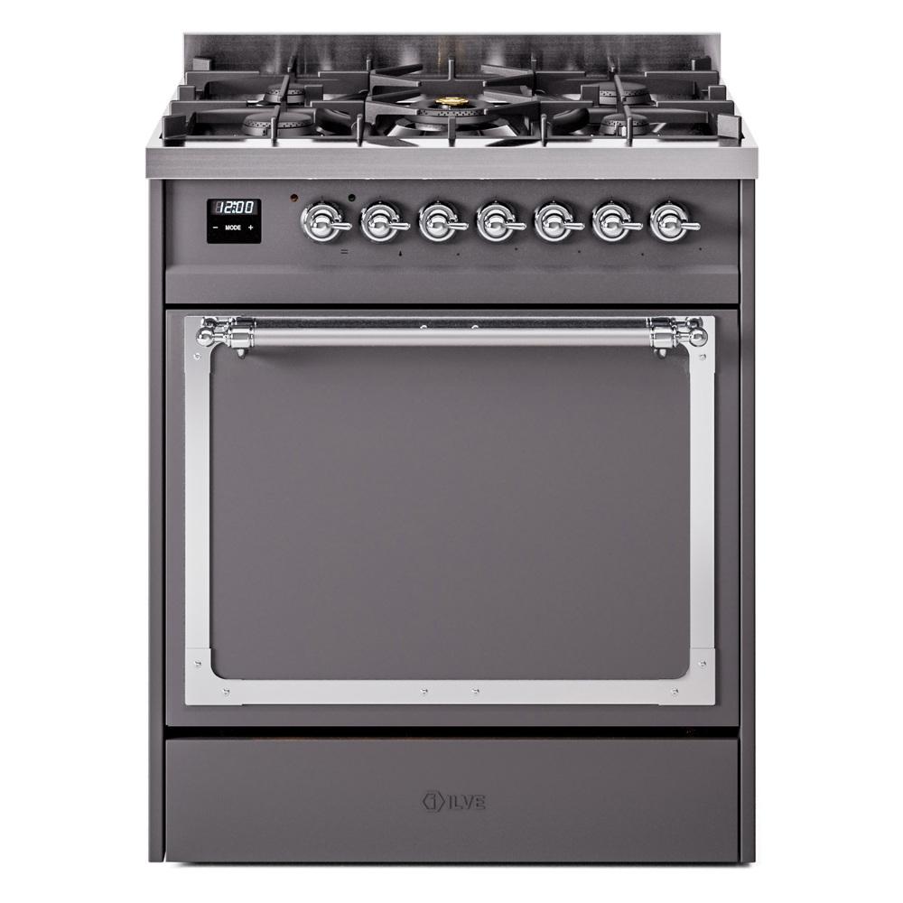 ILVE UN30QNMPMGCLP Nostalgie II Noblesse 30 inch Dual Fuel Range (Liquid Propane, Solid Door, Graphite Matte, Chrome)