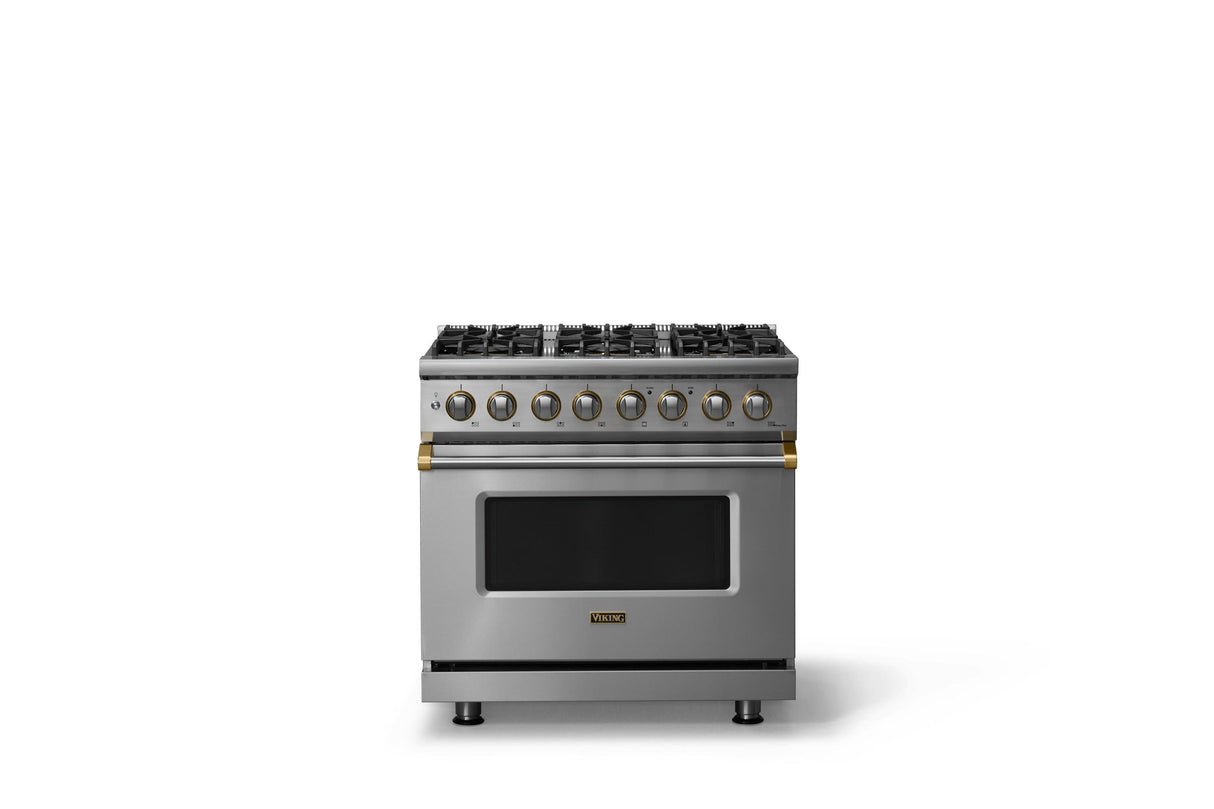 36"W. Dual Fuel Range (Burner: 6b, Finish: Stainless Steel, Trim: Brushed Brass, Fuel: Propane)