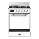 ILVE UM30QNR3WHC Majestic III 30 inch Dual Fuel Range with 5 Black Brass Burners, Dual Function Burner up to 25,000 BTU (Natural Gas, Solid Door, White, Chrome)