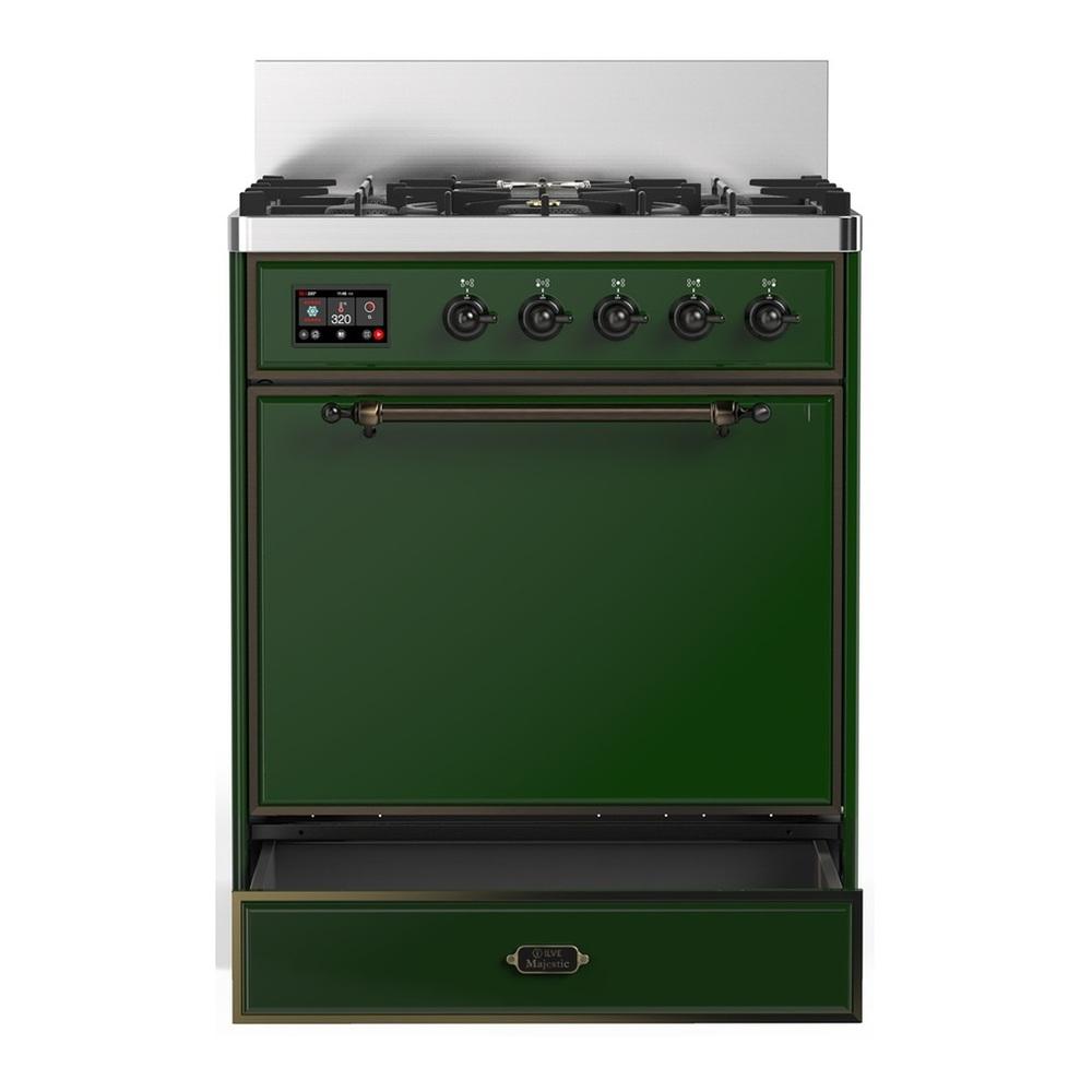 ILVE UM30QNR3EGBLP Majestic III 30 inch Dual Fuel Range with 5 Black Brass Burners, Dual Function Burner up to 25,000 BTU (Liquid Propane, Solid Door, Emerald Green, Burnished)