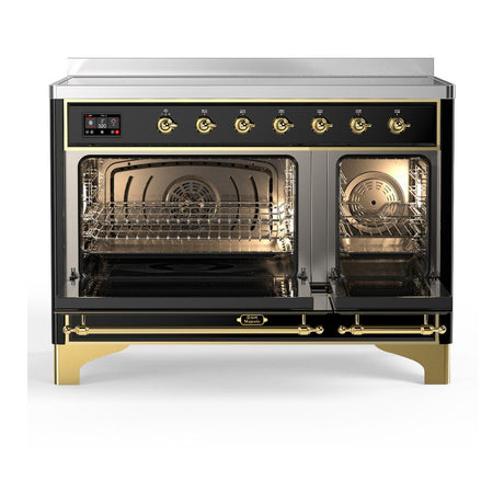 ILVE UMIB48NR3BKG Majestic III 48 inch Induction Range with 6 Elements, 5.02 cu. ft. Total Oven Capacity (Triple Glass Door, Glossy Black, Brass)