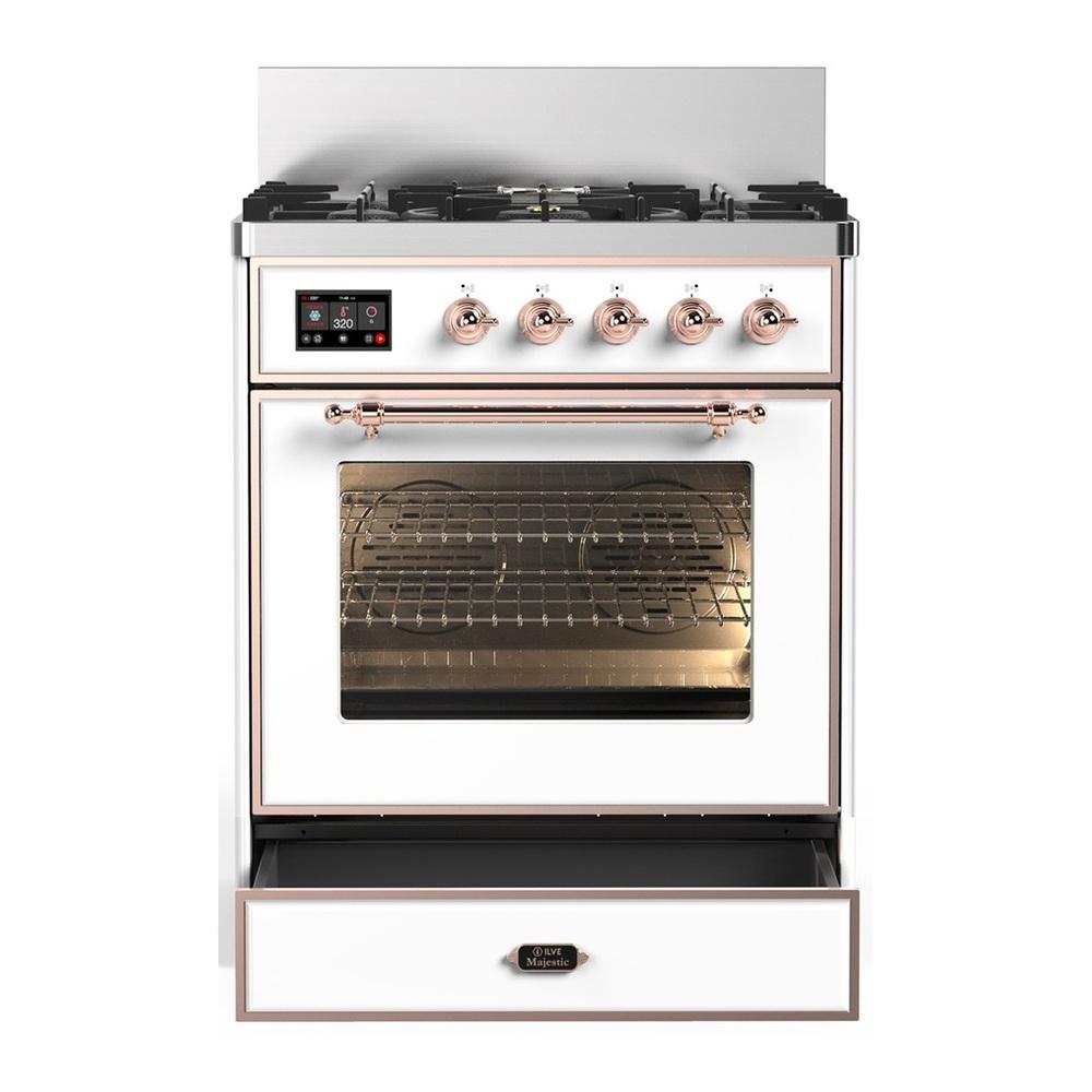 ILVE UM30NR3WHP Majestic III 30 inch Dual Fuel Range with 5 Black Brass Burners, Dual Function Burner up to 25,000 BTU (Natural Gas, Triple Glass Door, White, Copper)