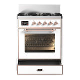 ILVE UM30NR3WHP Majestic III 30 inch Dual Fuel Range with 5 Black Brass Burners, Dual Function Burner up to 25,000 BTU (Natural Gas, Triple Glass Door, White, Copper)