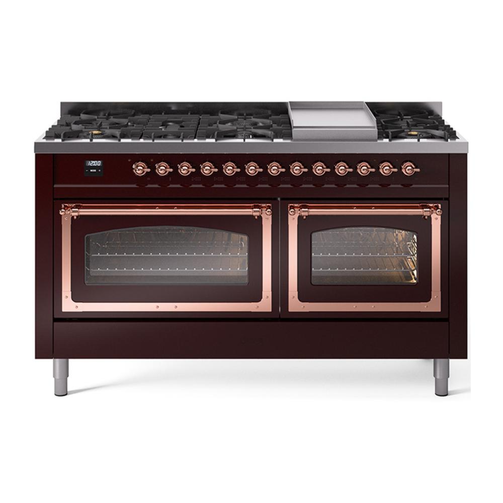 ILVE UN60FNMPBUP Nostalgie II Noblesse 60 inch Dual Fuel Range (9 Sealed Burners + Griddle, Natural Gas, Triple Glass Door, Burgundy, Copper)