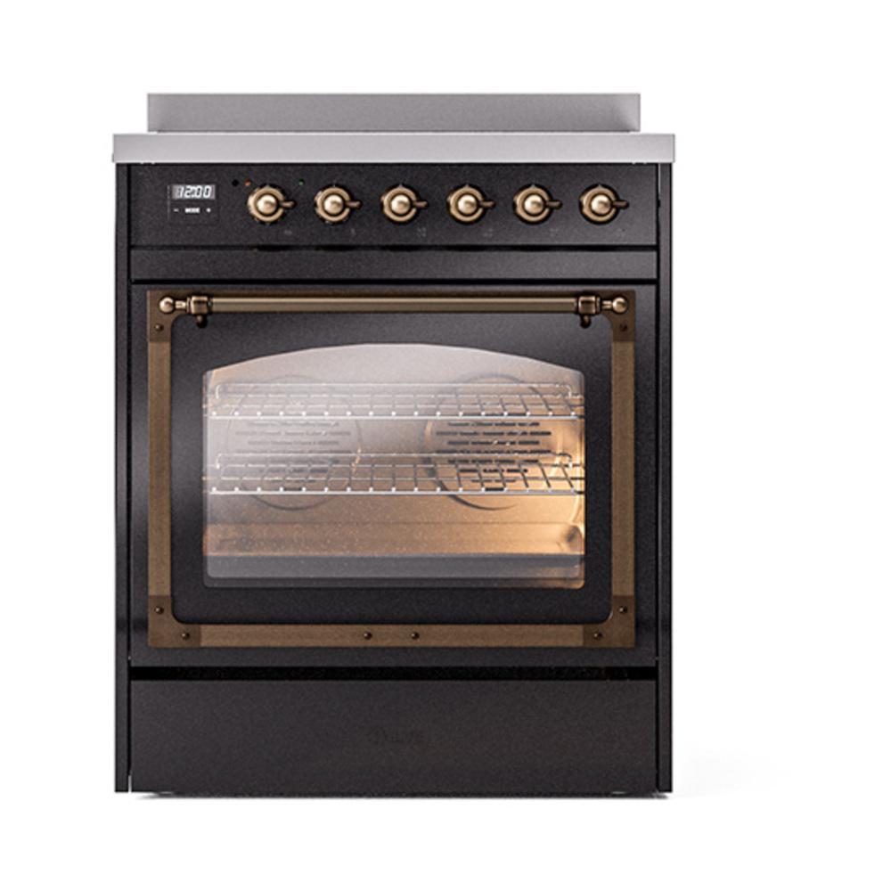 ILVE UNI304NMPBKB Nostalgie II Noblesse 30 inch Induction Range (Triple Glass Door, Glossy Black, Burnished)