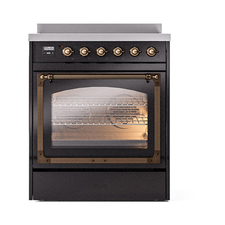 ILVE UNI304NMPBKB Nostalgie II Noblesse 30 inch Induction Range (Triple Glass Door, Glossy Black, Burnished)