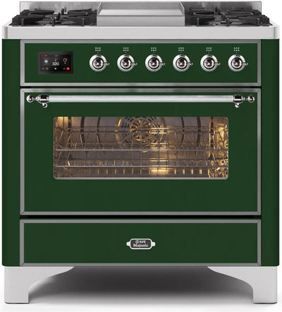 Majestic II 36 Inch Dual Fuel Natural Gas Freestanding Range in Emerald Green with Chrome Trim
