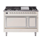 ILVE UN48FQNMPAWC Nostalgie II Noblesse 48 inch Dual Fuel Range (8 Sealed Burners + Griddle, Natural Gas, Solid Door, Antique White, Chrome)