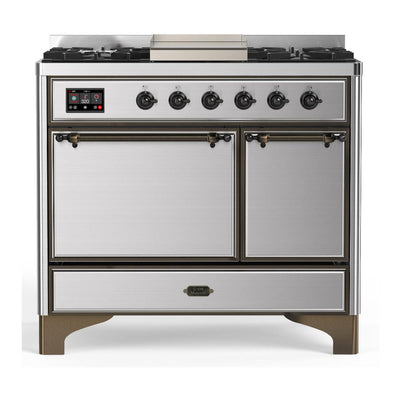 ILVE UMD40FQNR3SSB Majestic III 40 inch Dual Fuel Range with 6 Burners and Griddle, Dual Function Burner up to 25,000 BTU (Natural Gas, Solid Door, Stainless Steel, Burnished)