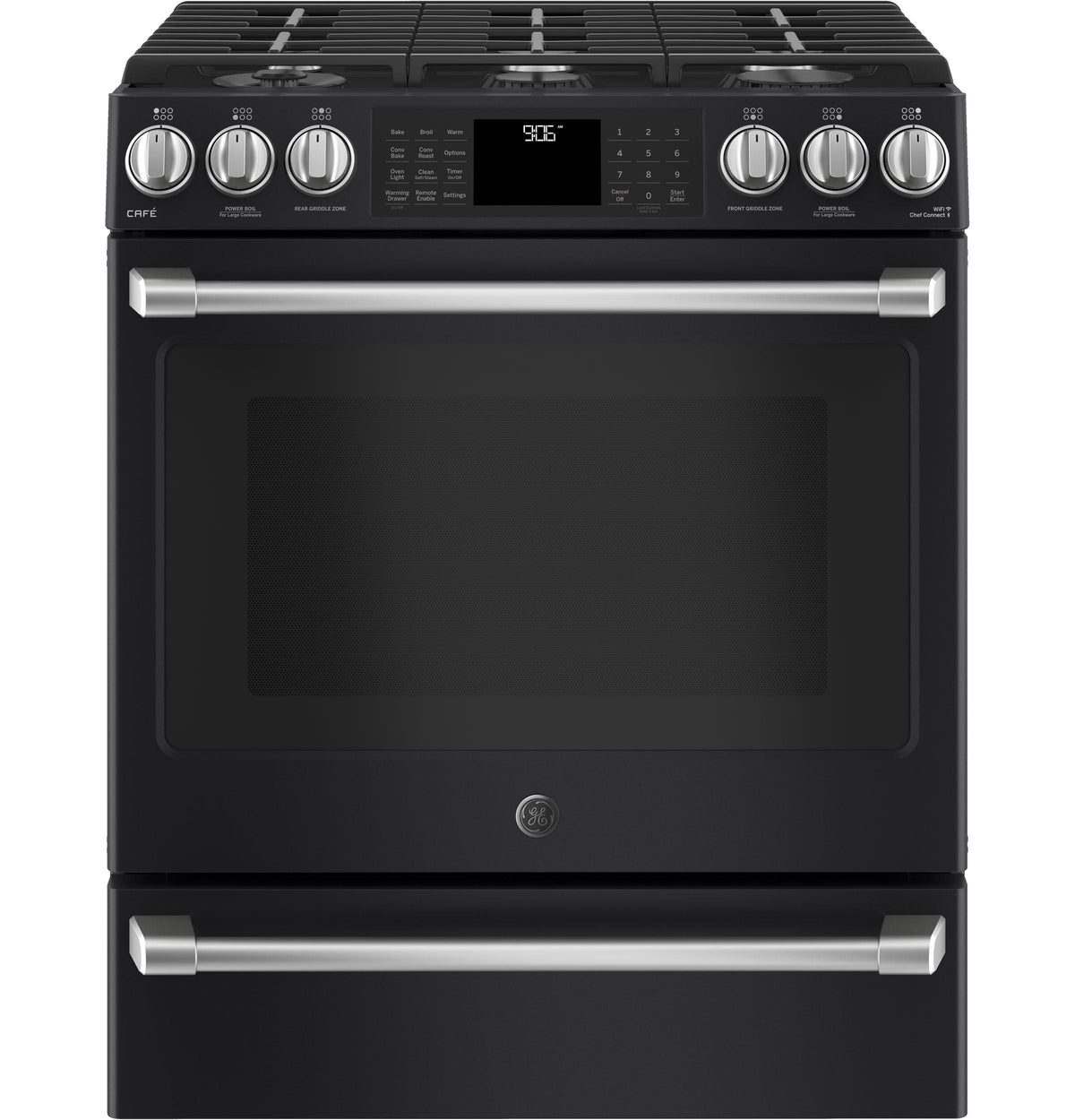 GE Café Series 30" Slide-In Front Control Range with Warming Drawer