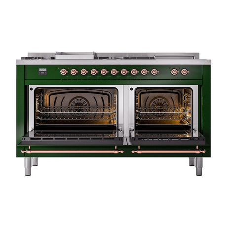 ILVE UN60FSQNMPEGPLP Nostalgie II Noblesse 60 inch Dual Fuel Range (7 Sealed Burners + Griddle + French Top, Liquid Propane, Solid Door, Emerald Green, Copper)