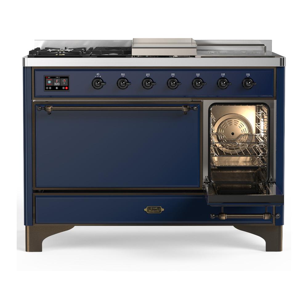 ILVE UM48FSQNR3MBB Majestic III 48 inch Dual Fuel Range with 5 Black Brass Burners, Griddle and French Top, Dual Function Burner up to 25,000 BTU (Natural Gas, Solid Door, Midnight Blue, Burnished)