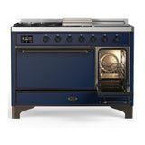 ILVE UM48FSQNR3MBB Majestic III 48 inch Dual Fuel Range with 5 Black Brass Burners, Griddle and French Top, Dual Function Burner up to 25,000 BTU (Natural Gas, Solid Door, Midnight Blue, Burnished)