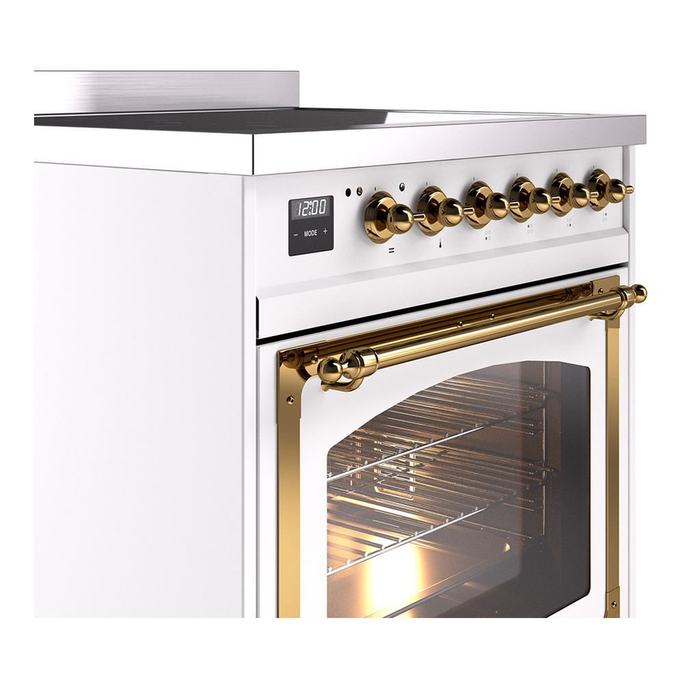 ILVE UNI304NMPWHG Nostalgie II Noblesse 30 inch Induction Range (Triple Glass Door, White, Brass)