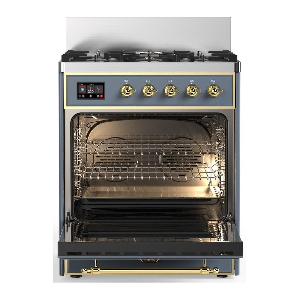 ILVE UM30NR3BGGLP Majestic III 30 inch Dual Fuel Range with 5 Black Brass Burners, Dual Function Burner up to 25,000 BTU (Liquid Propane, Triple Glass Door, Blue Grey, Brass)