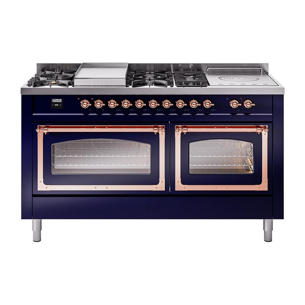 ILVE UN60FSNMPMBP Nostalgie II Noblesse 60 inch Dual Fuel Range (7 Sealed Burners + Griddle + French Top, Natural Gas, Triple Glass Door, Midnight Blue, Copper)