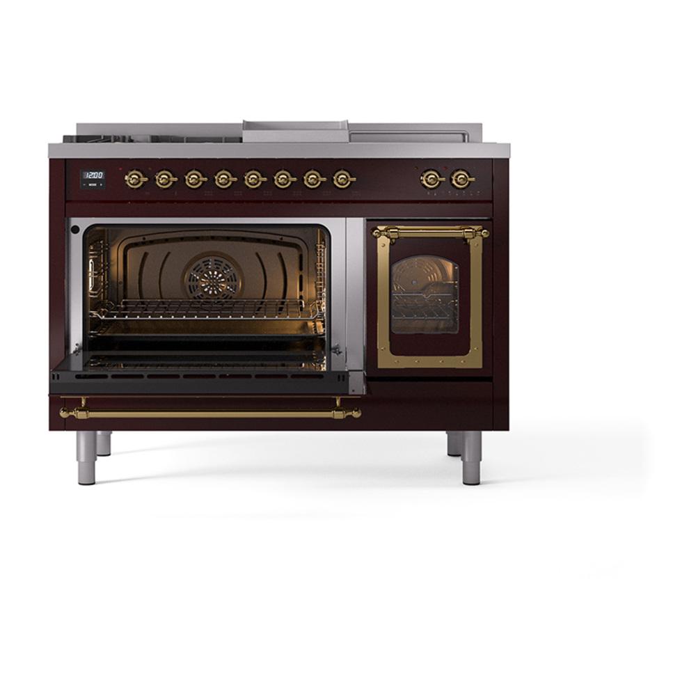 ILVE UN48FSNMPBUGLP Nostalgie II Noblesse 48 inch Dual Fuel Range (5 Sealed Burners + Griddle + French Top, Liquid Propane, Triple Glass Door, Burgundy, Brass)
