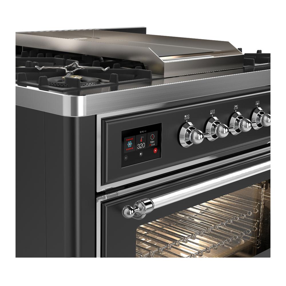 ILVE UM36FNR3MGC Majestic III 36 inch Dual Fuel Range with 6 Black Brass Burners and Griddle, Dual Function Burner up to 25,000 BTU (Triple Glass Door, Graphite Matte, Chrome, Natural Gas)
