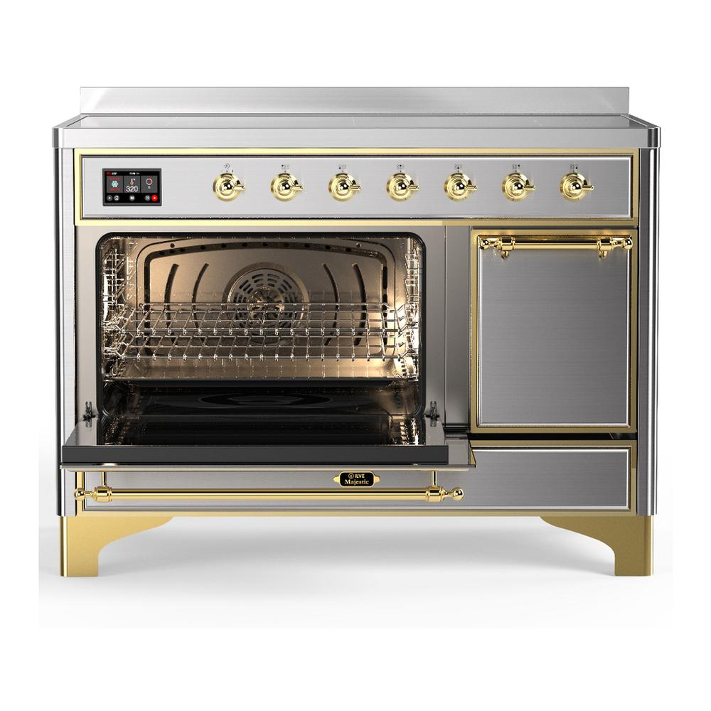 ILVE UMIB48QNR3SSG Majestic III 48 inch Induction Range with 6 Elements, 5.02 cu. ft. Total Oven Capacity (Solid Door, Stainless Steel, Brass)