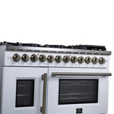 Forno Capriasca 48 Inch Freestanding French Door Dual Fuel Range in White with Antique Brass Accessories, 8 Burners, True Convection Oven