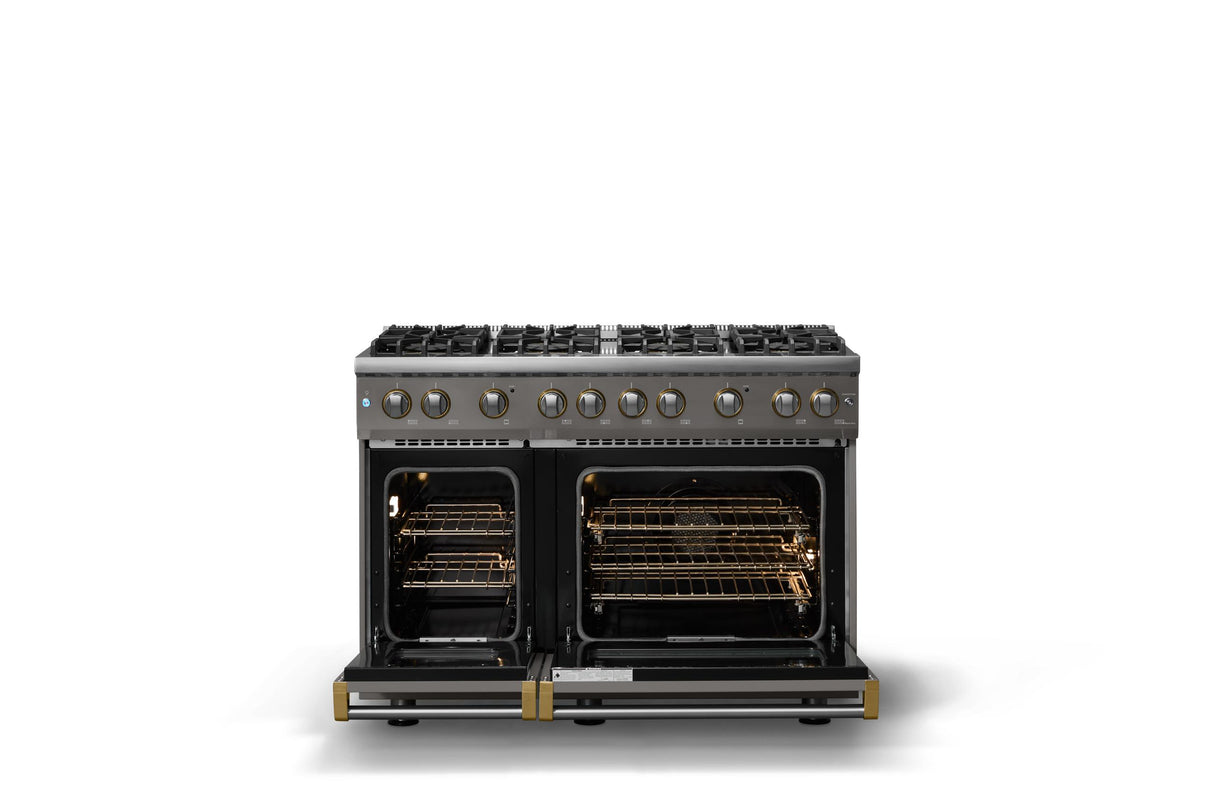 48"W. Sealed Burner Gas Range (Burner: 8b, Finish: Damascus Gray, Trim: Brushed Brass, Fuel: Propane)
