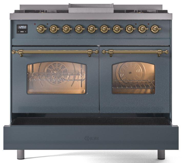 Nostalgie II 40 Inch Dual Fuel Natural Gas Freestanding Range in Blue Grey with Brass Trim