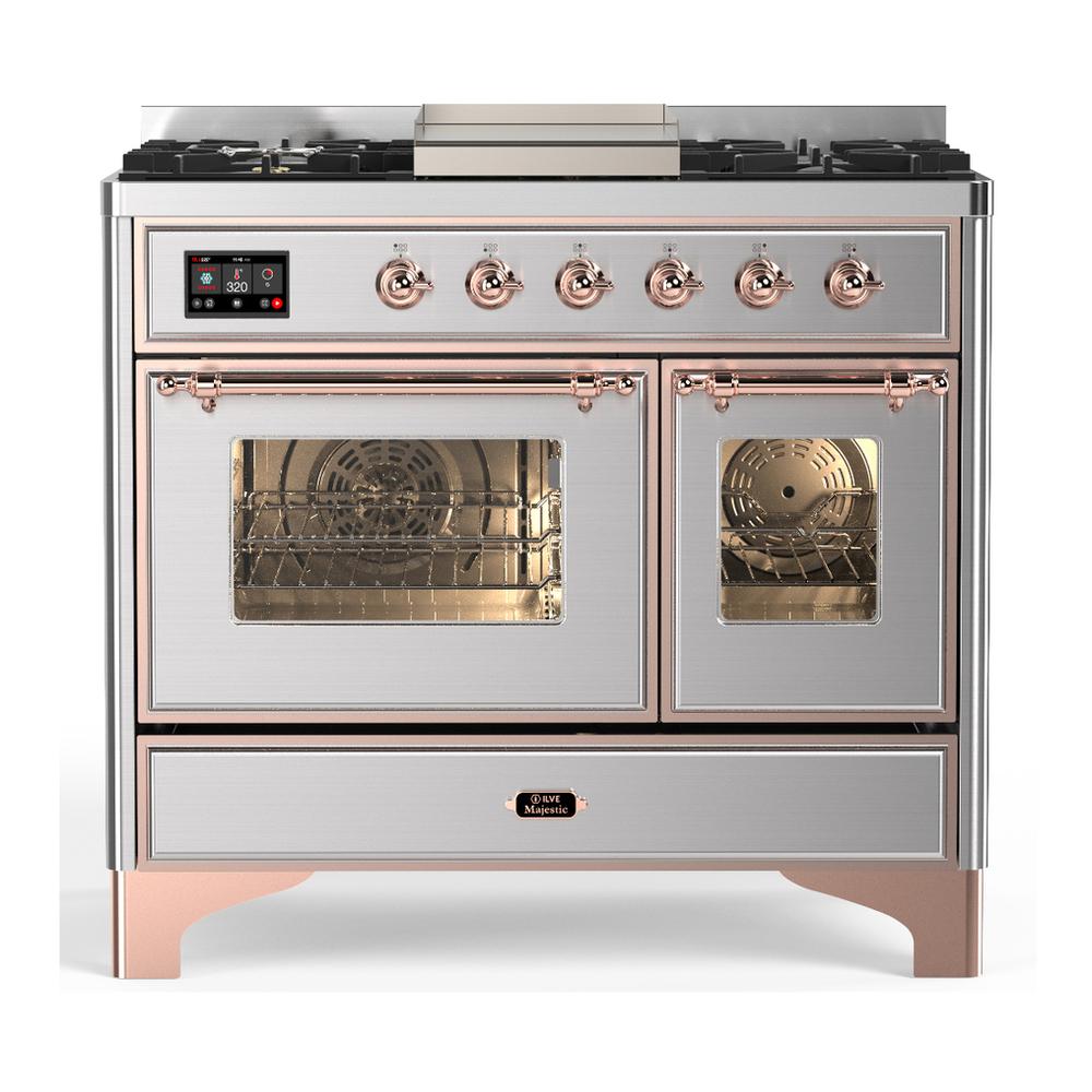 ILVE UMD40FNR3SSP Majestic III 40 inch Dual Fuel Range with 6 Burners and Griddle, Dual Function Burner up to 25,000 BTU (Natural Gas, Triple Glass Door, Stainless Steel, Copper)