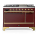 ILVE UM48FQNR3BUGLP Majestic III 48 inch Dual Fuel Range with 8 Burners and Griddle, Dual Function Burner up to 25,000 BTU (Liquid Propane, Solid Door, Burgundy, Brass)